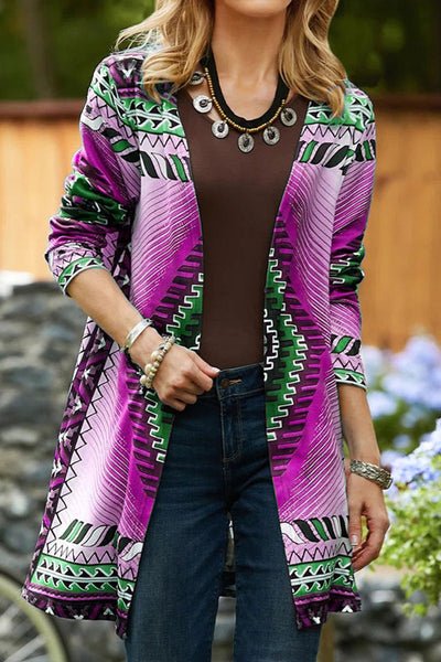 Casual College Geometric Printing Cardigan Collar Outerwear