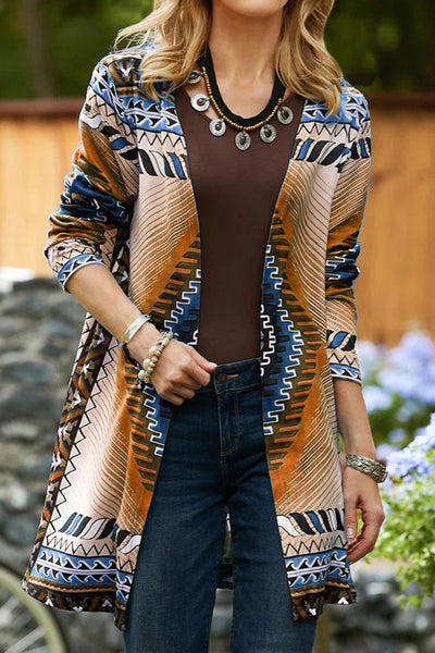 Casual College Geometric Printing Cardigan Collar Outerwear