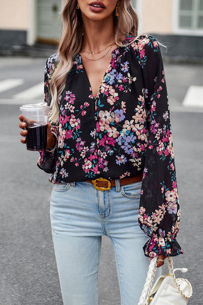 Sweet Elegant Floral Buttons V Neck Tops