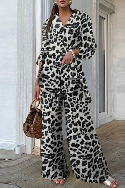 Casual Leopard Patchwork Turndown Collar Long Sleeve Two Pieces