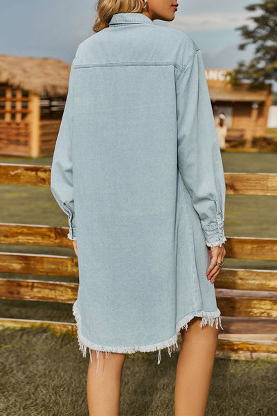 Casual Solid Make Old Turndown Collar Long Sleeve Loose Denim Dresses(  No Belt)