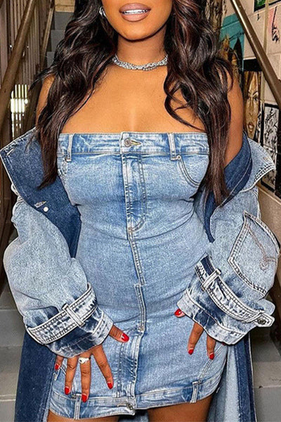 Sexy Solid Patchwork Buttons Backless Strapless Sleeveless High Waist Skinny Denim Dresses(Without Outerwear )