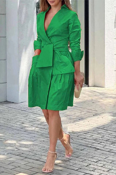 Casual Street Solid Pocket Frenulum V Neck Suit Dress Dresses