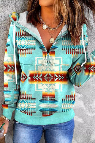 Casual Geometric Print Pocket Hooded Collar Plus Size Tops