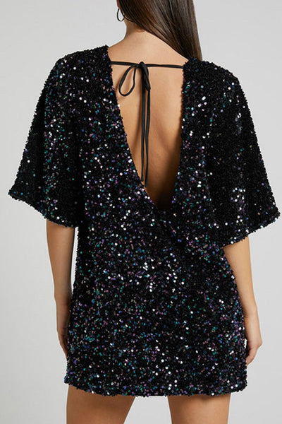 Casual Patchwork Sequins Frenulum Backless O Neck Dresses