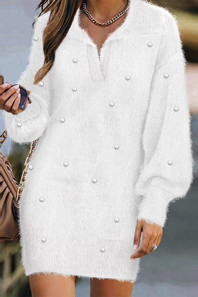 Casual Solid Pearl Turndown Collar Long Sleeve Dresses