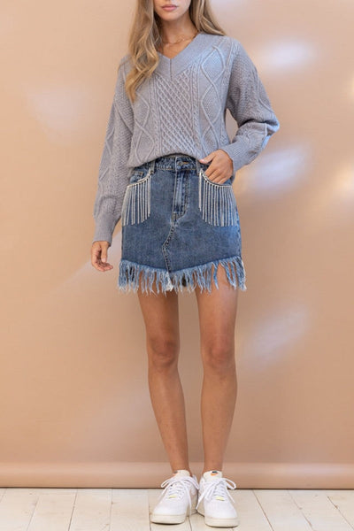 Casual Patchwork Tassel High Waist Skinny Denim Skirts