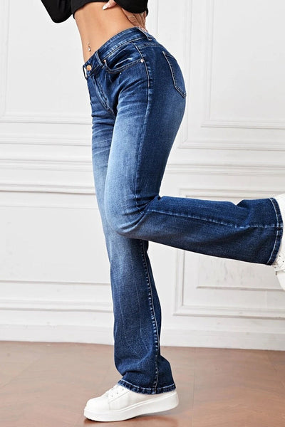 Casual Solid Pocket High Waist Denim Jeans