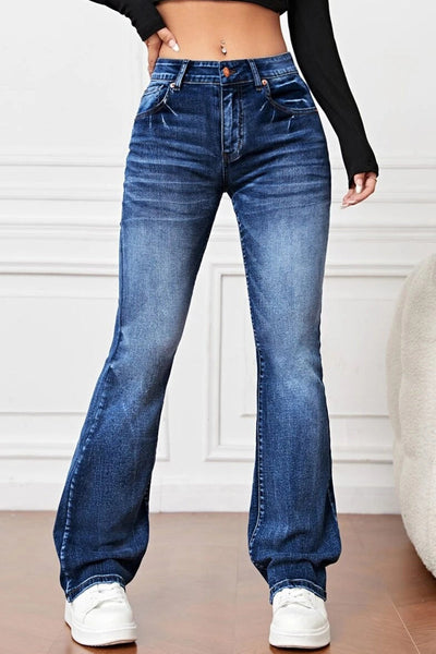 Casual Solid Pocket High Waist Denim Jeans