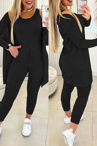 Casual Solid Basic O Neck Long Sleeve Three Piece Set