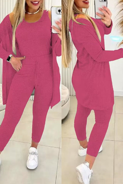 Casual Solid Basic O Neck Long Sleeve Three Piece Set