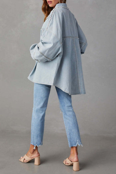 Casual Solid Patchwork Turndown Collar Long Sleeve Regular Denim Jacket