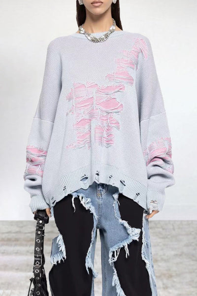 Casual Color Block Ripped Contrast O Neck Tops