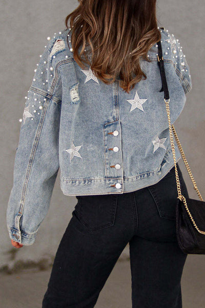 Casual Solid Beading Turndown Collar Long Sleeve Denim Jacket