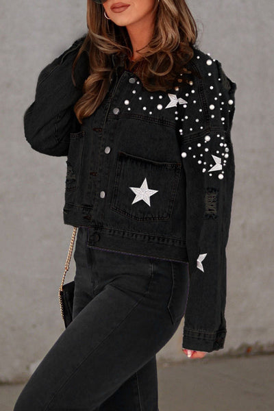 Casual Solid Beading Turndown Collar Long Sleeve Denim Jacket