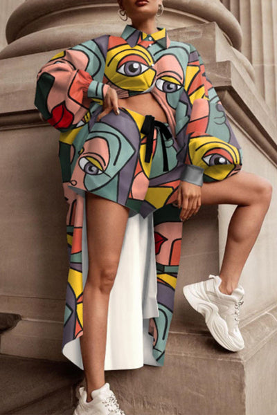 Casual Geometric Printing Turndown Collar Long Sleeve Two Pieces