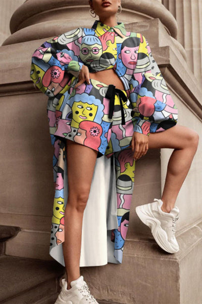 Casual Geometric Printing Turndown Collar Long Sleeve Two Pieces