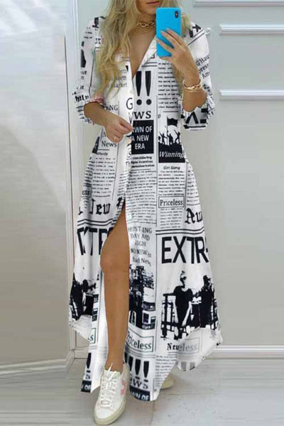 Casual Print Asymmetrical Turndown Collar Shirt Dress Dresses