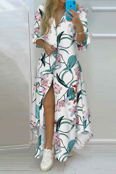 Casual Print Asymmetrical Turndown Collar Shirt Dress Dresses