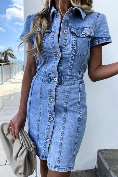 Casual Street Solid Buckle Flounce Turndown Collar Short Sleeve Regular Denim Dresses