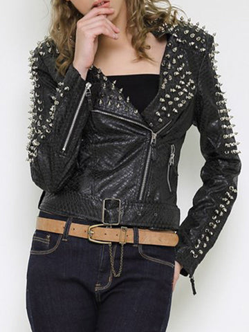 Casual Punk Solid Rivets Turndown Collar Outerwear