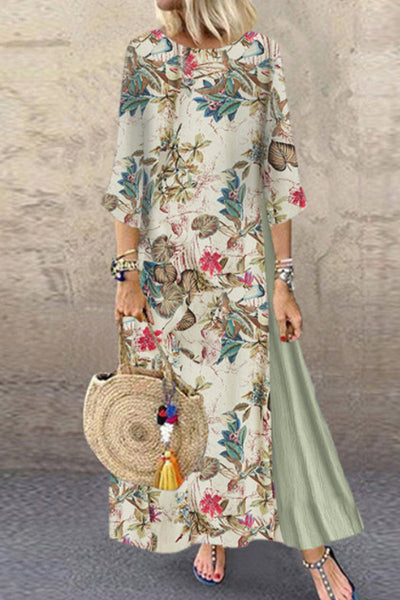 Elegant College Floral Patchwork O Neck A Line Dresses