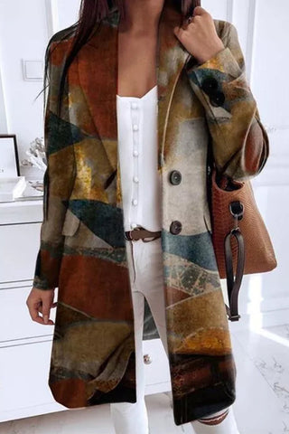 Casual College Geometric Printing Turn-back Collar Outerwear