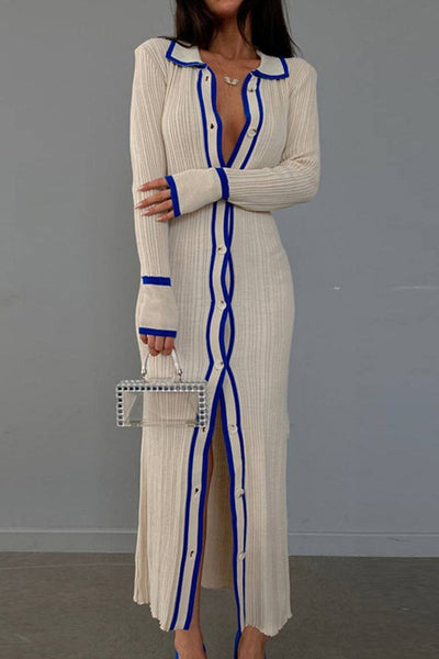 Sexy Casual Striped Contrast Turndown Collar Long Sleeve Dresses