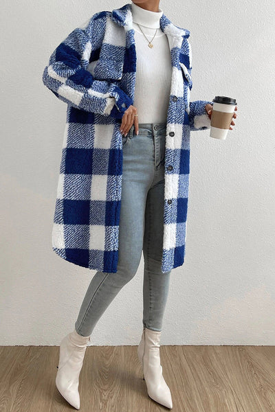 Casual Plaid Pocket Contrast Turndown Collar Outerwear