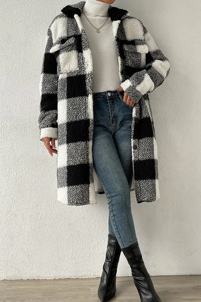 Casual Plaid Pocket Contrast Turndown Collar Outerwear