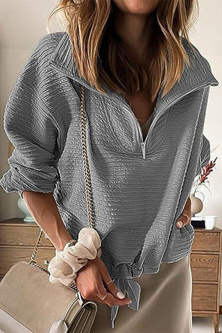 Casual Solid Draw String Zipper Turndown Collar Tops