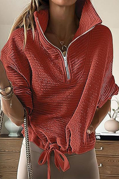 Casual Solid Draw String Zipper Turndown Collar Tops