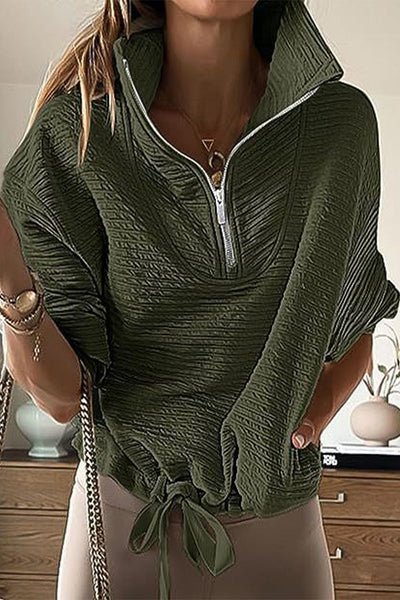 Casual Solid Draw String Zipper Turndown Collar Tops