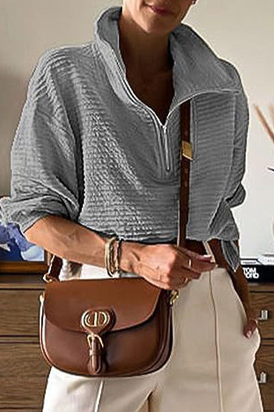 Casual Solid Draw String Zipper Turndown Collar Tops