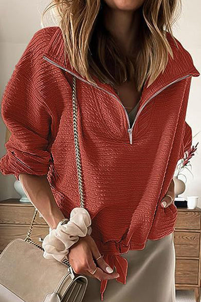 Casual Solid Draw String Zipper Turndown Collar Tops