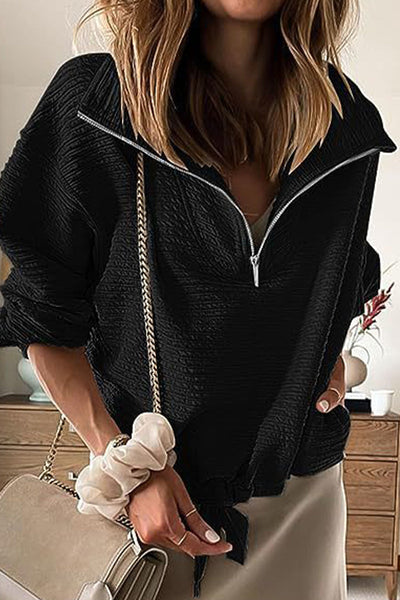 Casual Solid Draw String Zipper Turndown Collar Tops