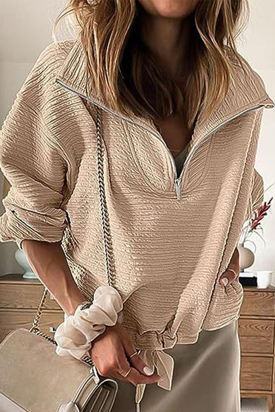 Casual Solid Draw String Zipper Turndown Collar Tops