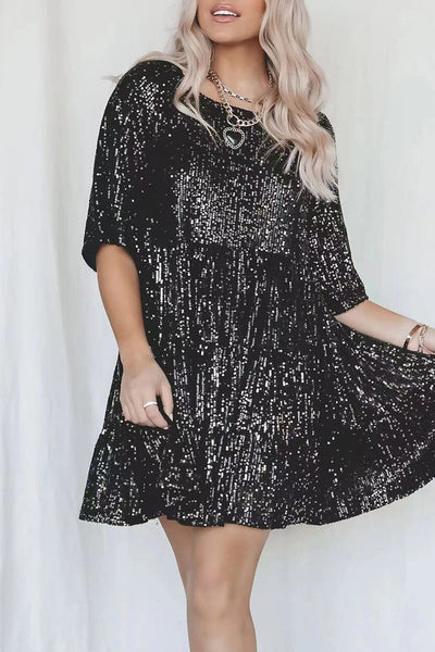 Elegant Solid Sequins O Neck Cake Skirt Short Sleeve Dress