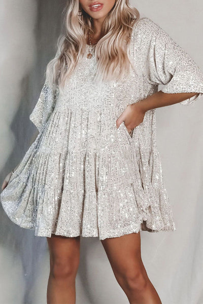 Elegant Solid Sequins O Neck Cake Skirt Short Sleeve Dress