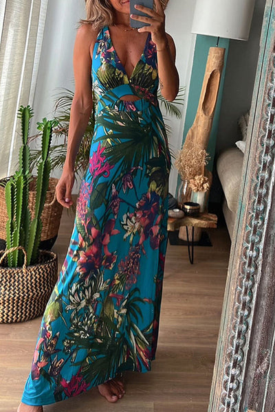 Sexy Vacation Floral Backless V Neck Printed Dress Dresses