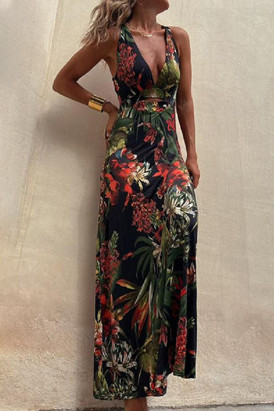 Sexy Vacation Floral Backless V Neck Printed Dress Dresses