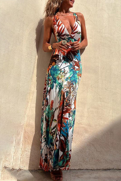 Sexy Vacation Floral Backless V Neck Printed Dress Dresses