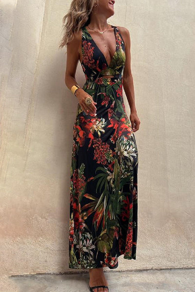 Sexy Vacation Floral Backless V Neck Printed Dress Dresses