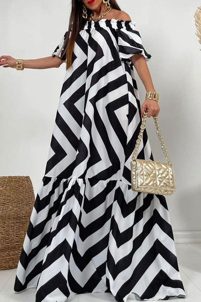 Casual Striped Contrast Off the Shoulder Printed Dresses