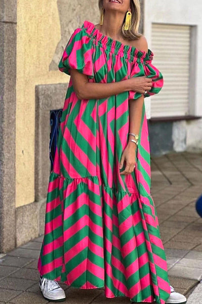 Casual Striped Contrast Off the Shoulder Printed Dresses