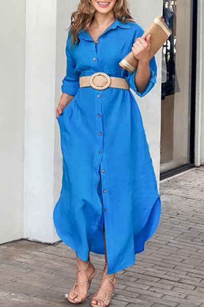 Casual Solid Buckle Without Belt Turndown Collar Shirt Dress Dresses(No Belt)