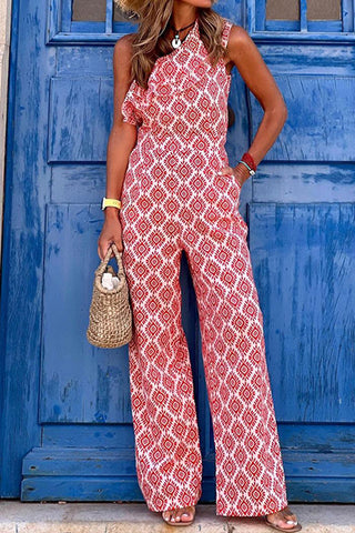 Elegant Print Pocket Oblique Collar Straight Jumpsuits