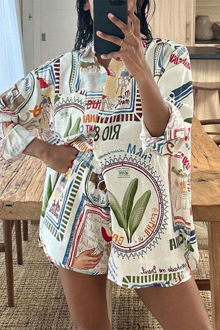 Casual Print Patchwork Turndown Collar Long Sleeve Two Pieces