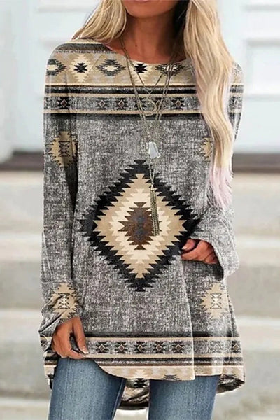 Casual Geometric Printing O Neck Tops