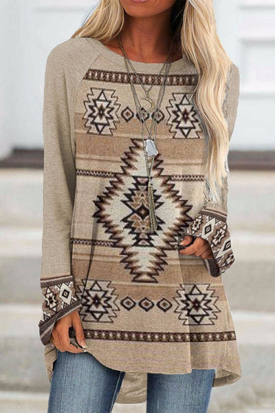 Casual Geometric Printing O Neck Tops